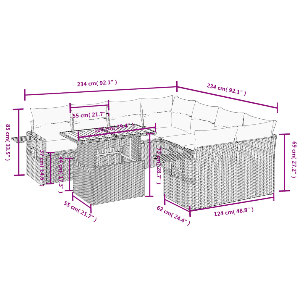 9-tlg. Garten-Sofagarnitur mit Kissen Grau Poly Rattan