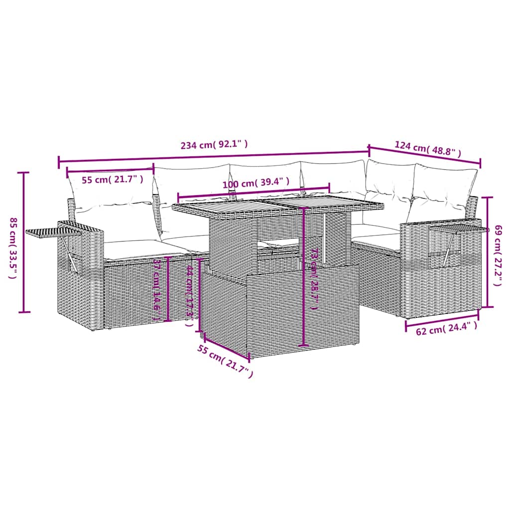 6-tlg. Garten-Sofagarnitur mit Kissen Grau Poly Rattan