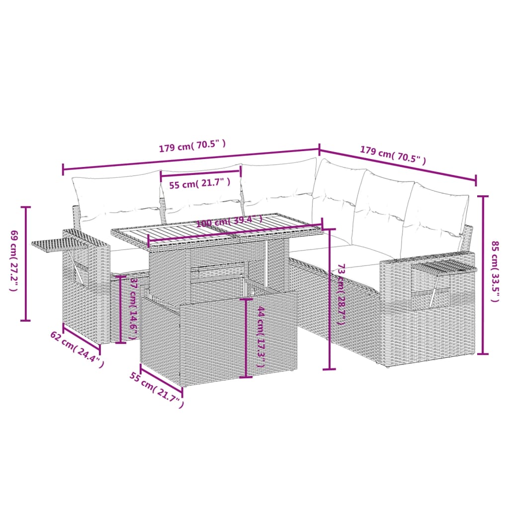 6-tlg. Garten-Sofagarnitur mit Kissen Grau Poly Rattan