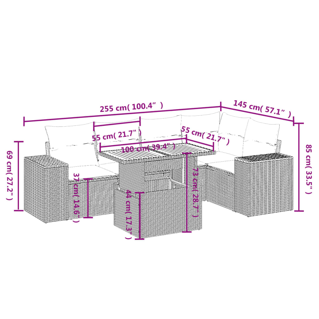 6-tlg. Garten-Sofagarnitur mit Kissen Grau Poly Rattan