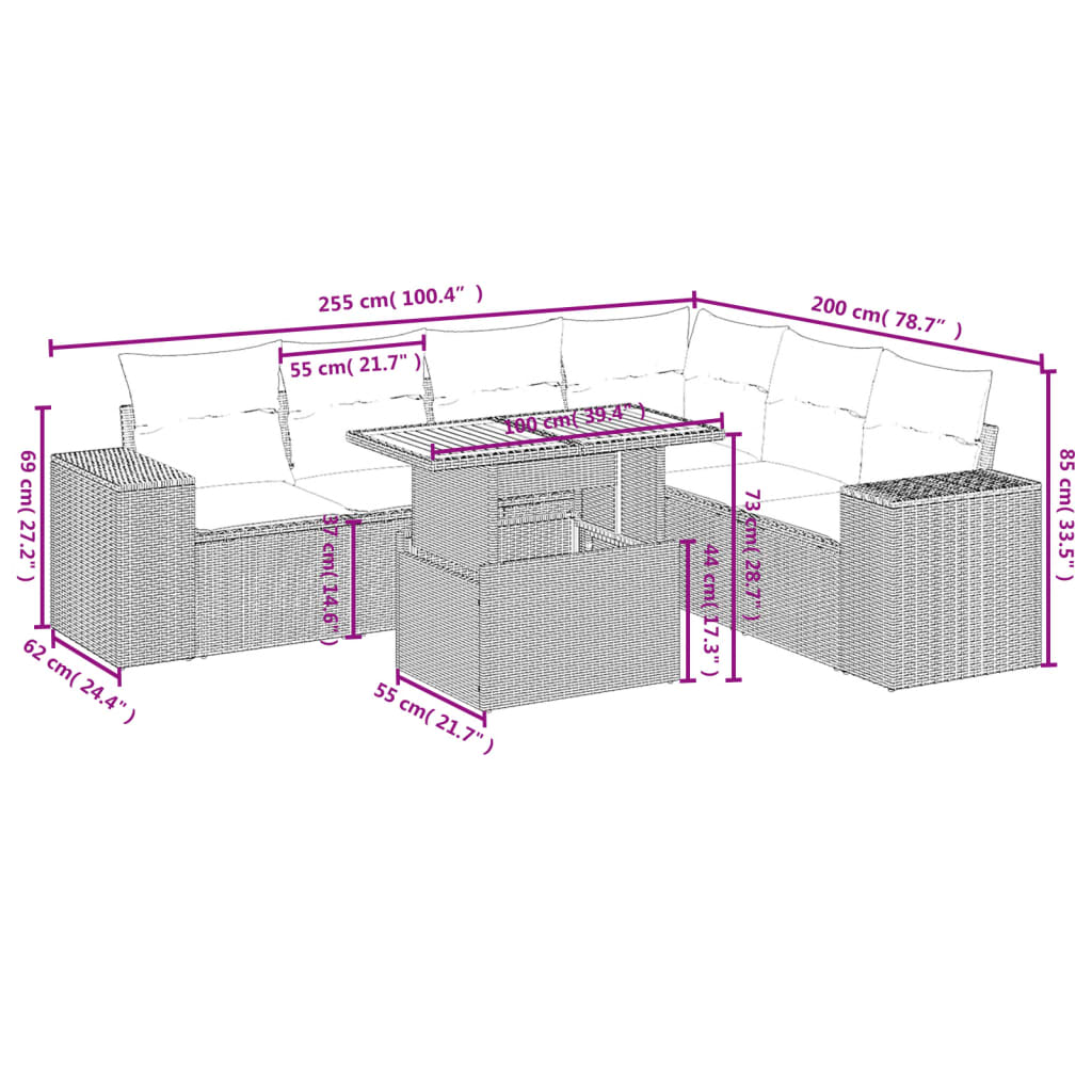 7-tlg. Garten-Sofagarnitur mit Kissen Beige Poly Rattan