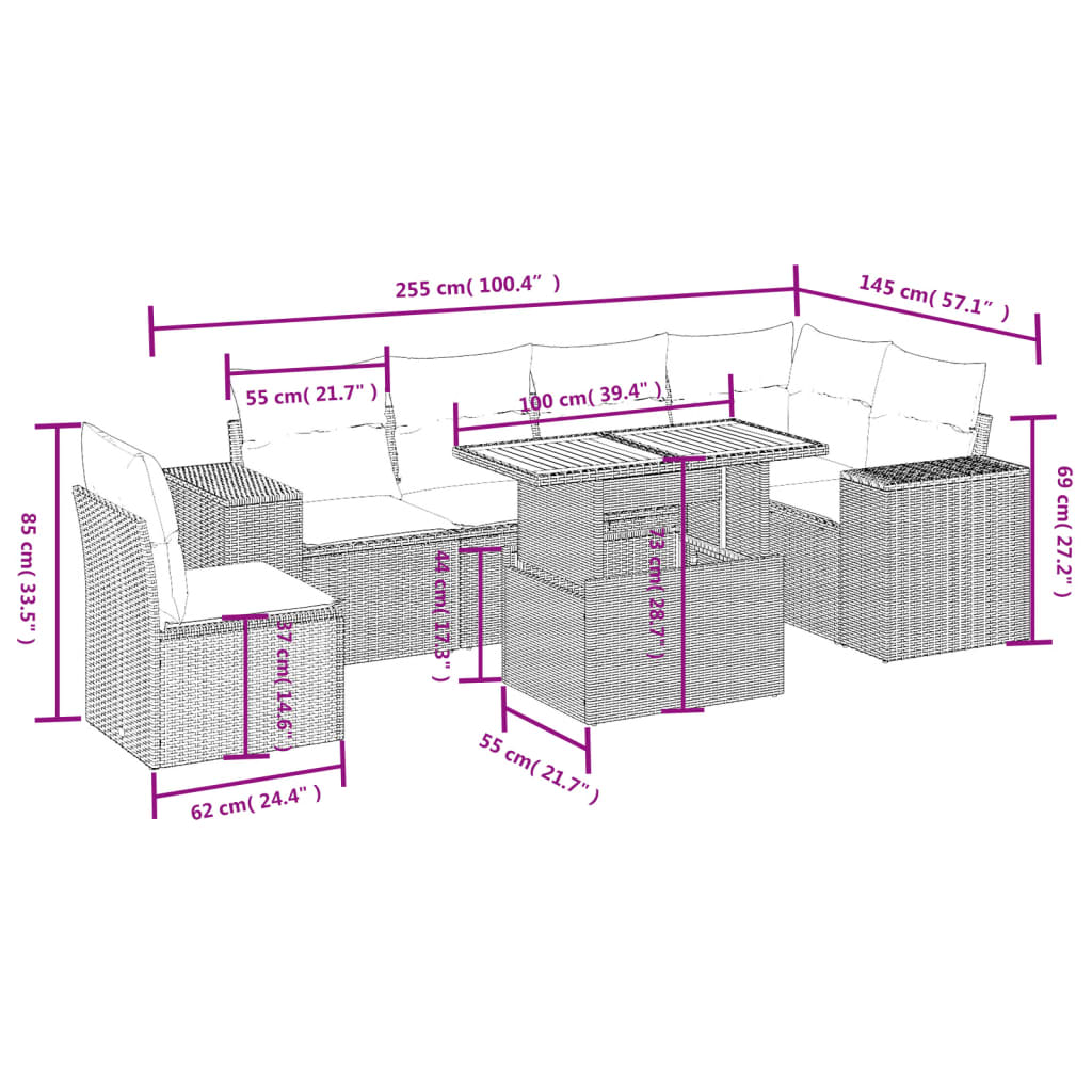7-tlg. Garten-Sofagarnitur mit Kissen Schwarz Poly Rattan