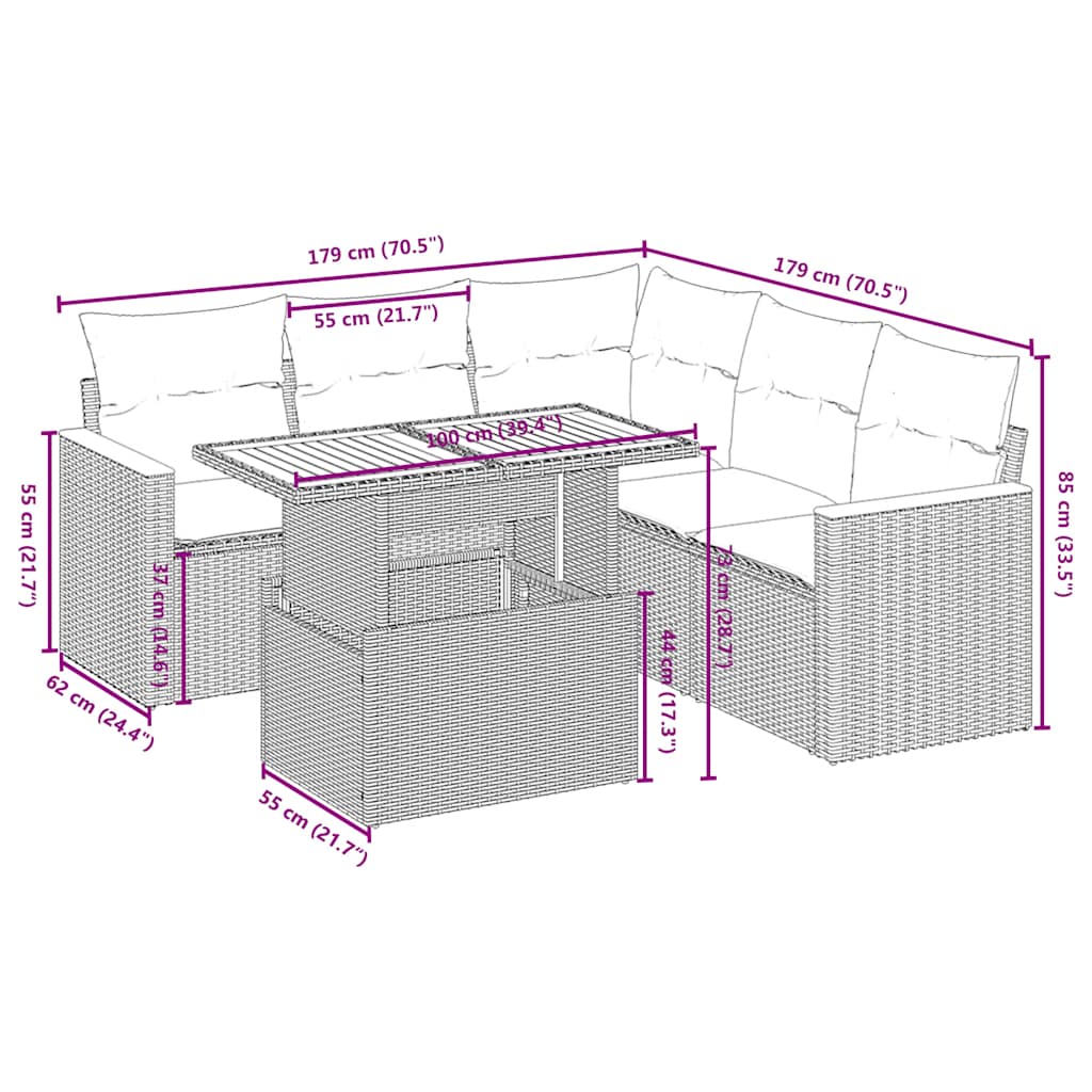 6-tlg. Garten-Sofagarnitur mit Kissen Schwarz Poly Rattan