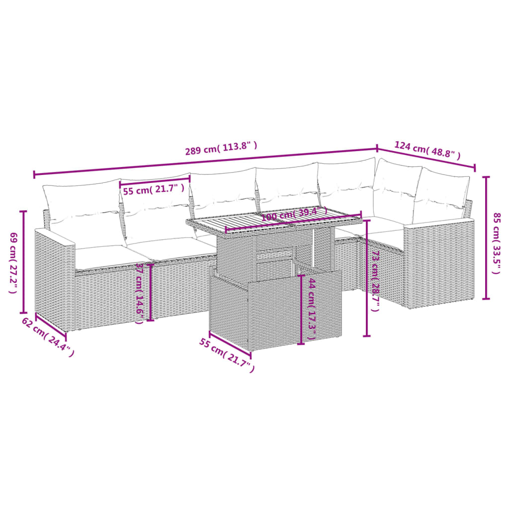 7-tlg. Garten-Sofagarnitur mit Kissen Grau Poly Rattan