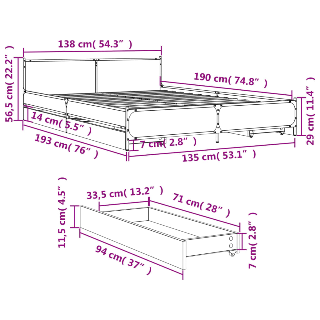 Bettgestell mit Schubladen Grau Sonoma 135x190 cm Holzwerkstoff
