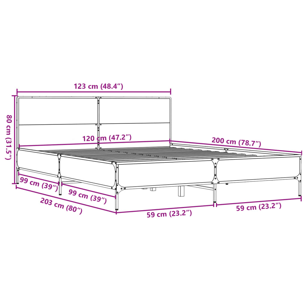 Bettgestell Grau Sonoma 120x200 cm Holzwerkstoff und Metall