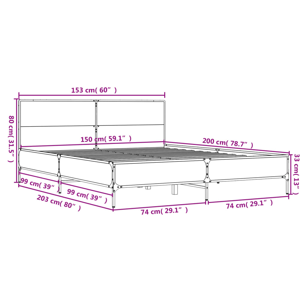 Bettgestell Räuchereiche 150x200 cm Holzwerkstoff und Metall