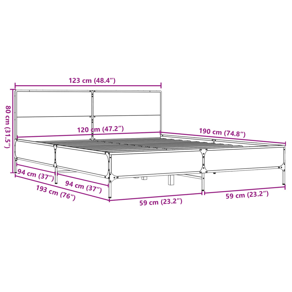 Bettgestell Sonoma-Eiche 120x190 cm Holzwerkstoff und Metall