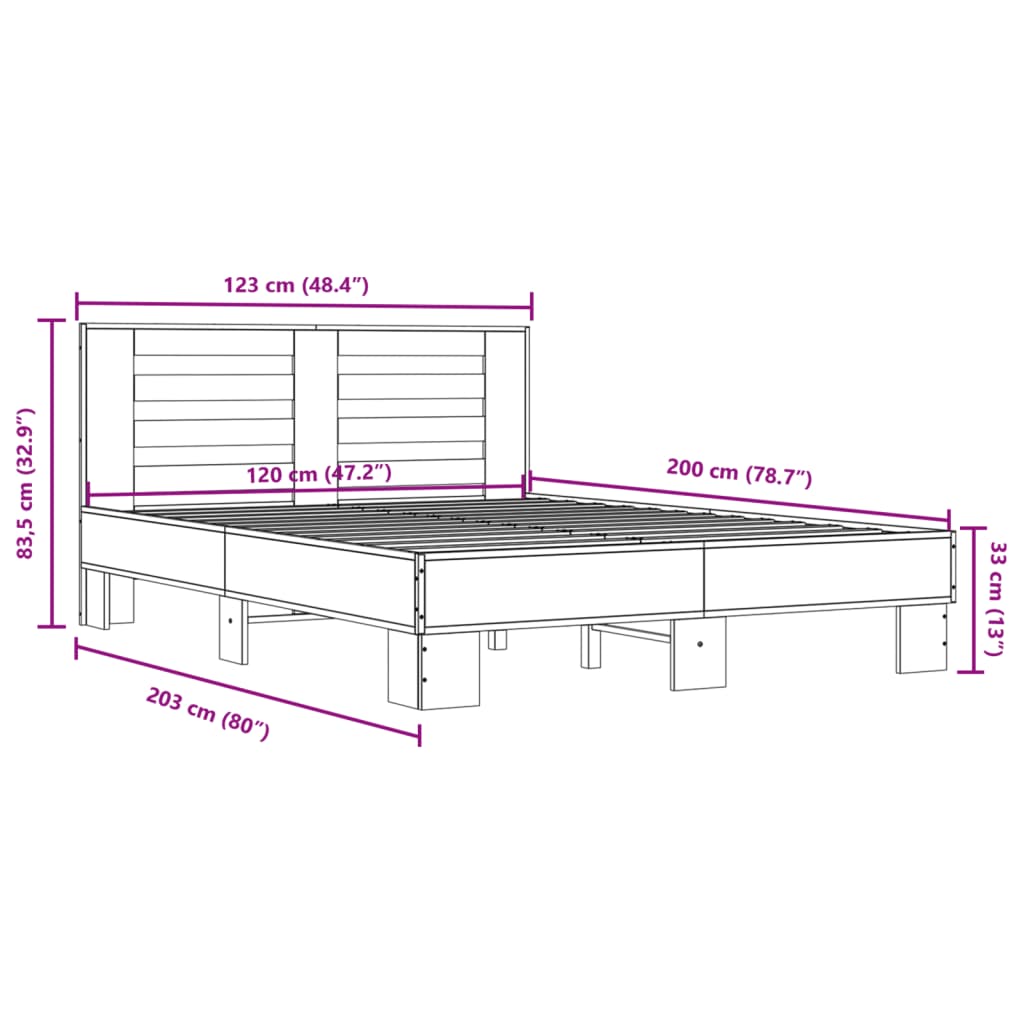 Bettgestell Sonoma-Eiche 120x200 cm Holzwerkstoff und Metall