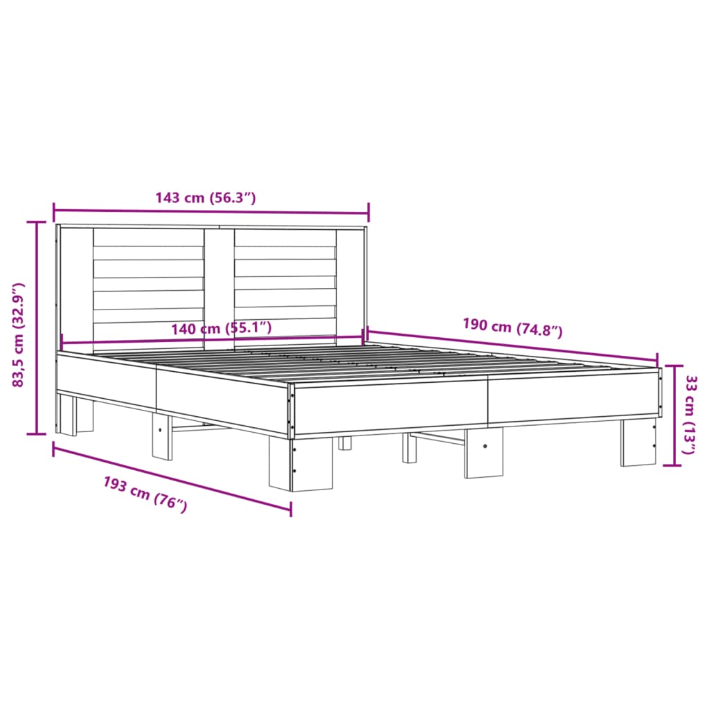Bettgestell Sonoma-Eiche 140x190 cm Holzwerkstoff und Metall