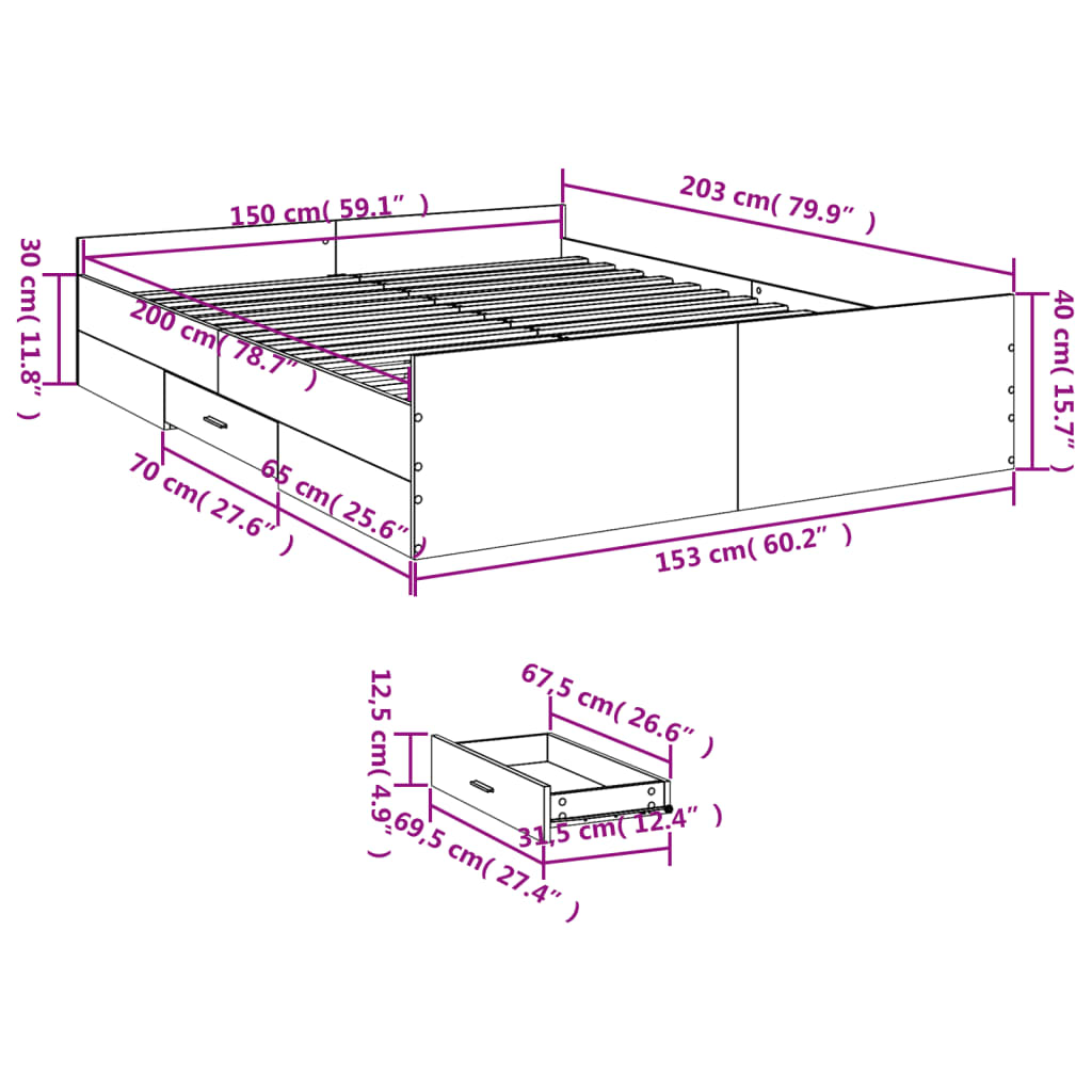 Bettgestell mit Schubladen Sonoma-Eiche 150x200cm Holzwerkstoff