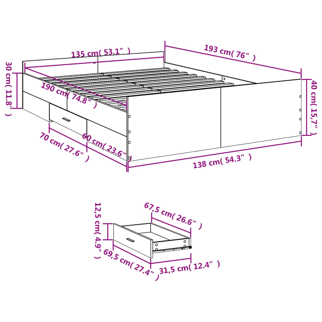 Bettgestell mit Schubladen Grau Sonoma 135x190 cm Holzwerkstoff