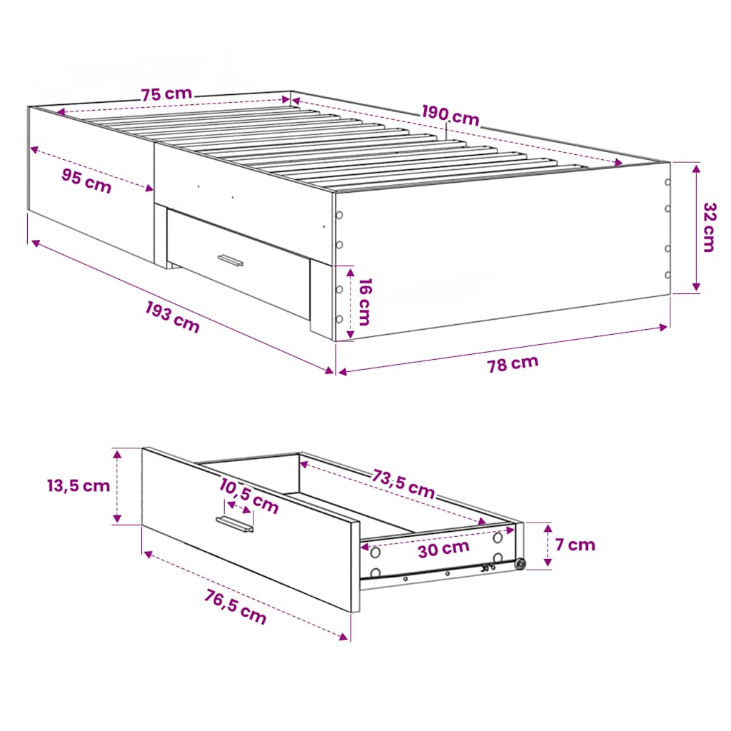 Bettgestell mit Schubladen Braun Eichen-Optik 75x190 cm