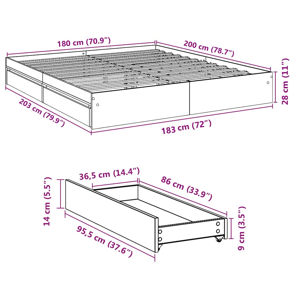 Bettgestell mit Schubladen Betongrau 180x200 cm Holzwerkstoff