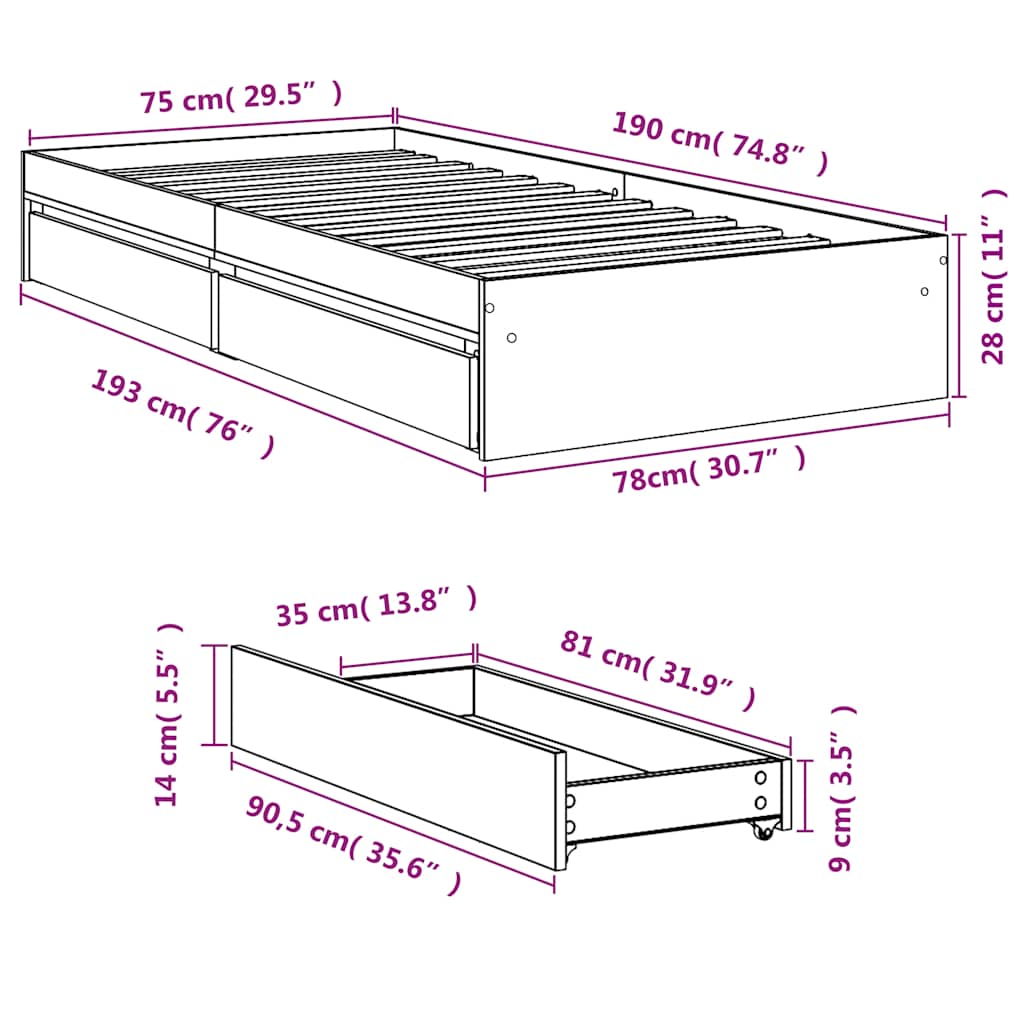 Bettgestell mit Schubladen Schwarz 75x190 cm Holzwerkstoff