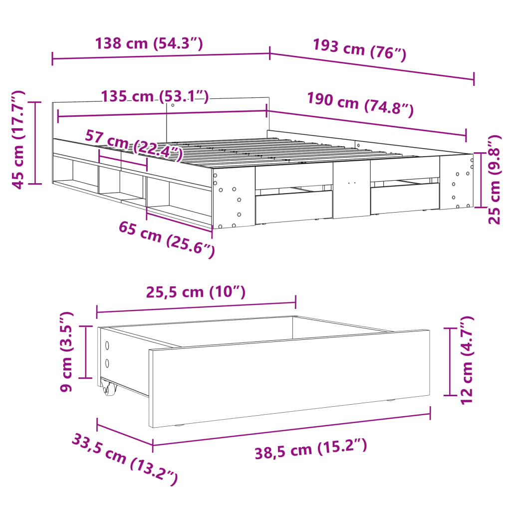 Bettgestell mit Schubladen Weiß 135 x 190 cm Holzwerkstoff