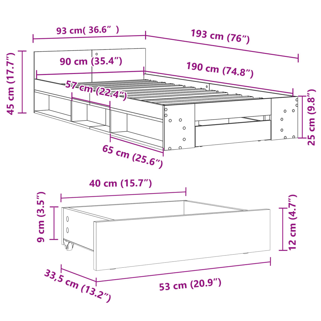 Bettgestell mit Schublade Sonoma-Eiche 90x190 cm Holzwerkstoff