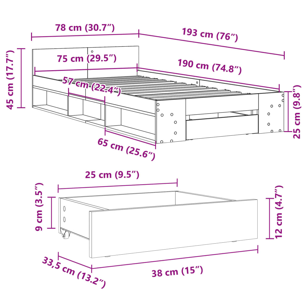 Bettgestell mit Schublade Weiß 75x190 cm Holzwerkstoff