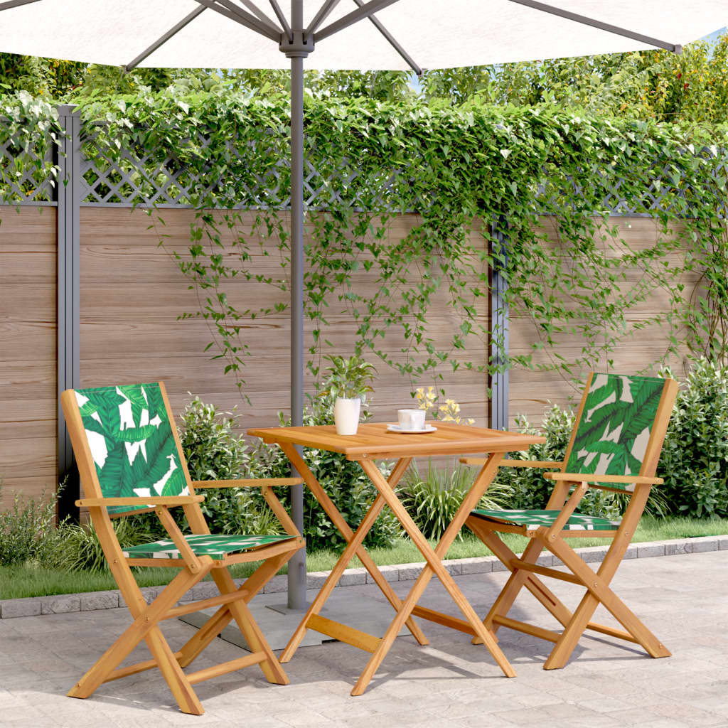 3-tlg. Bistro-Set Blattmuster Stoff und Massivholz