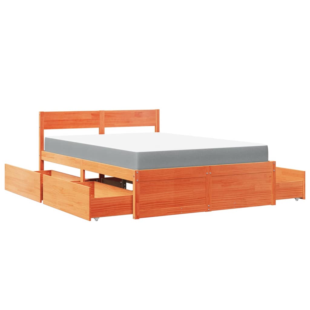 Bett mit Schubladen und Matratze Wachsbraun 120x190 Massivholz