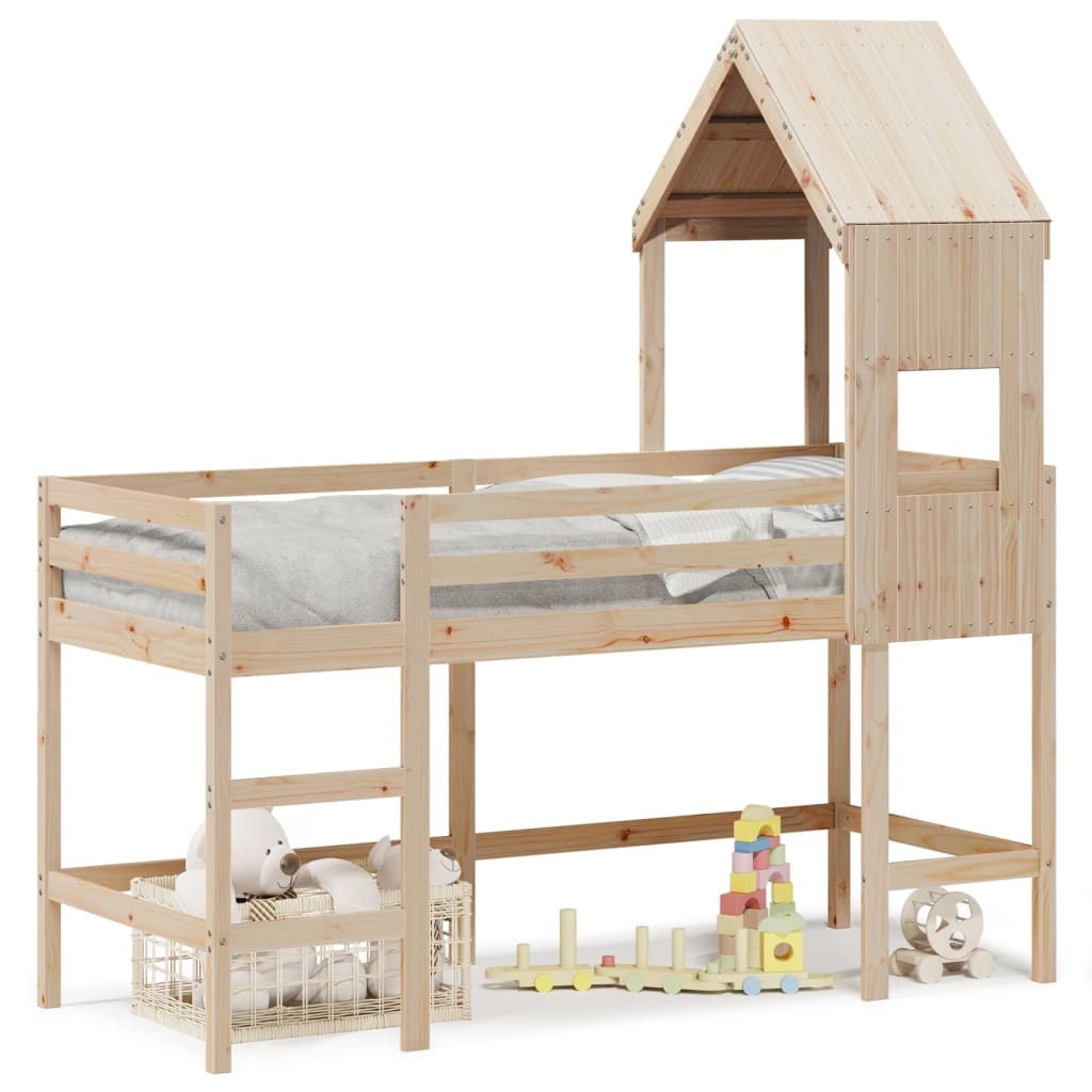 Hochbett mit Leiter und Dach 90x190 cm Massivholz Kiefer