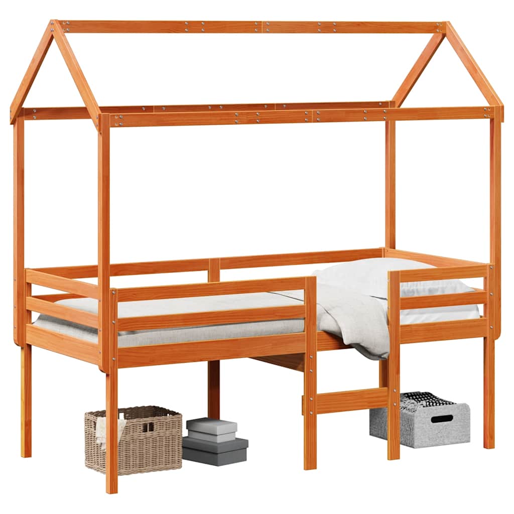 Hochbett mit Dach Wachsbraun 90x200 cm Massivholz Kiefer