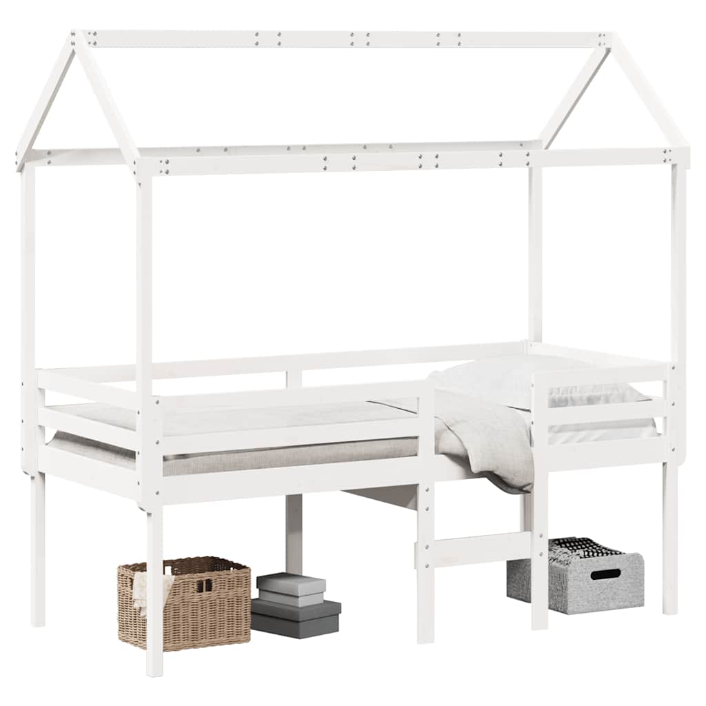 Hochbett mit Dach Weiß 75x190 cm Massivholz Kiefer