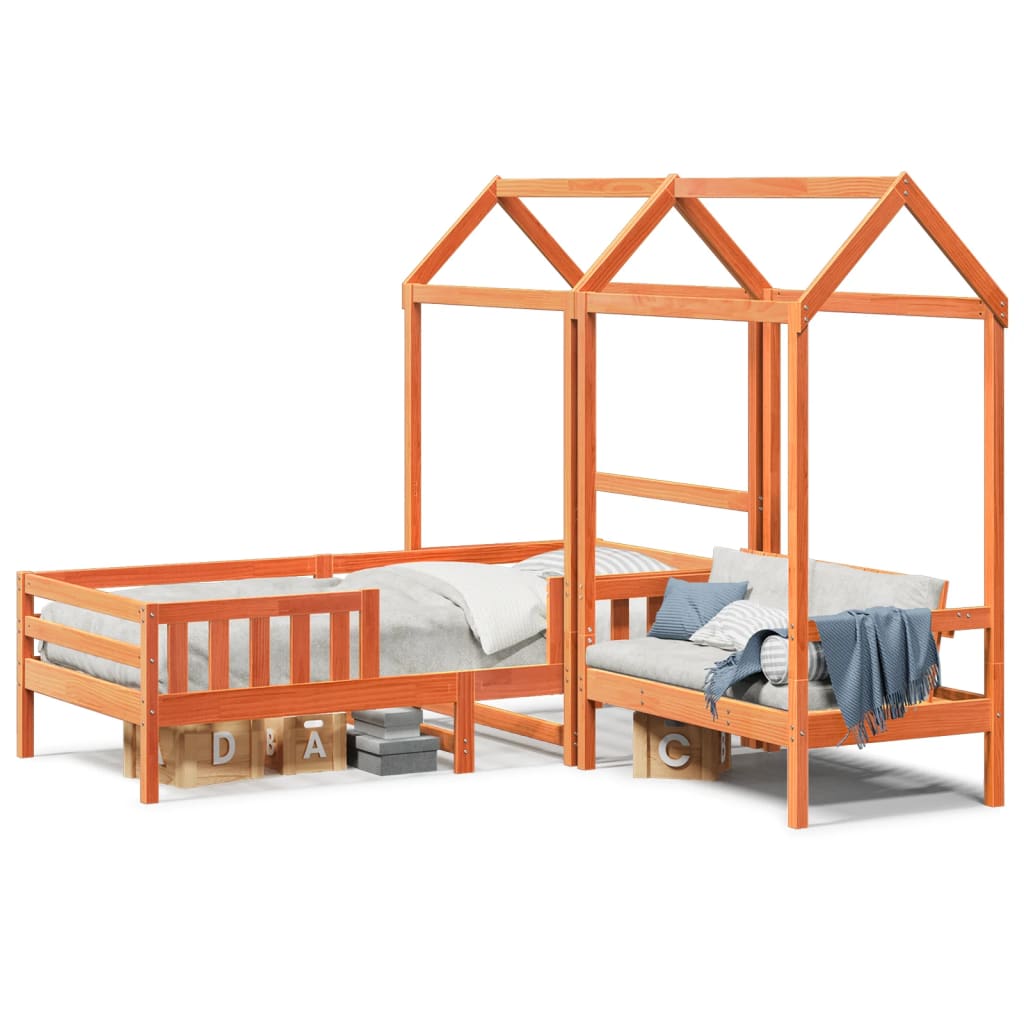 Massivholzbett und Bank mit Dach Orange 90x190 cm Kiefernholz