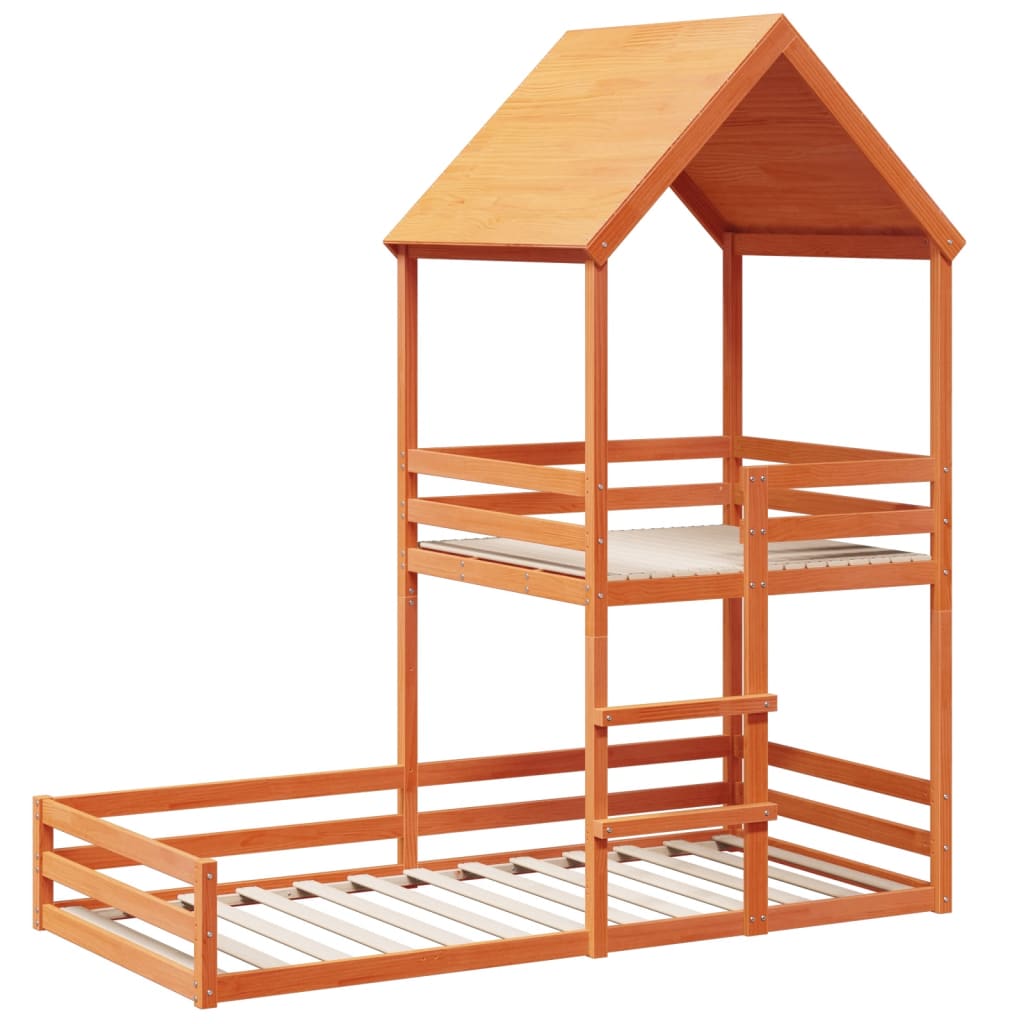Etagenbett mit Dach Wachsbraun 90x190 cm Massivholz Kiefer