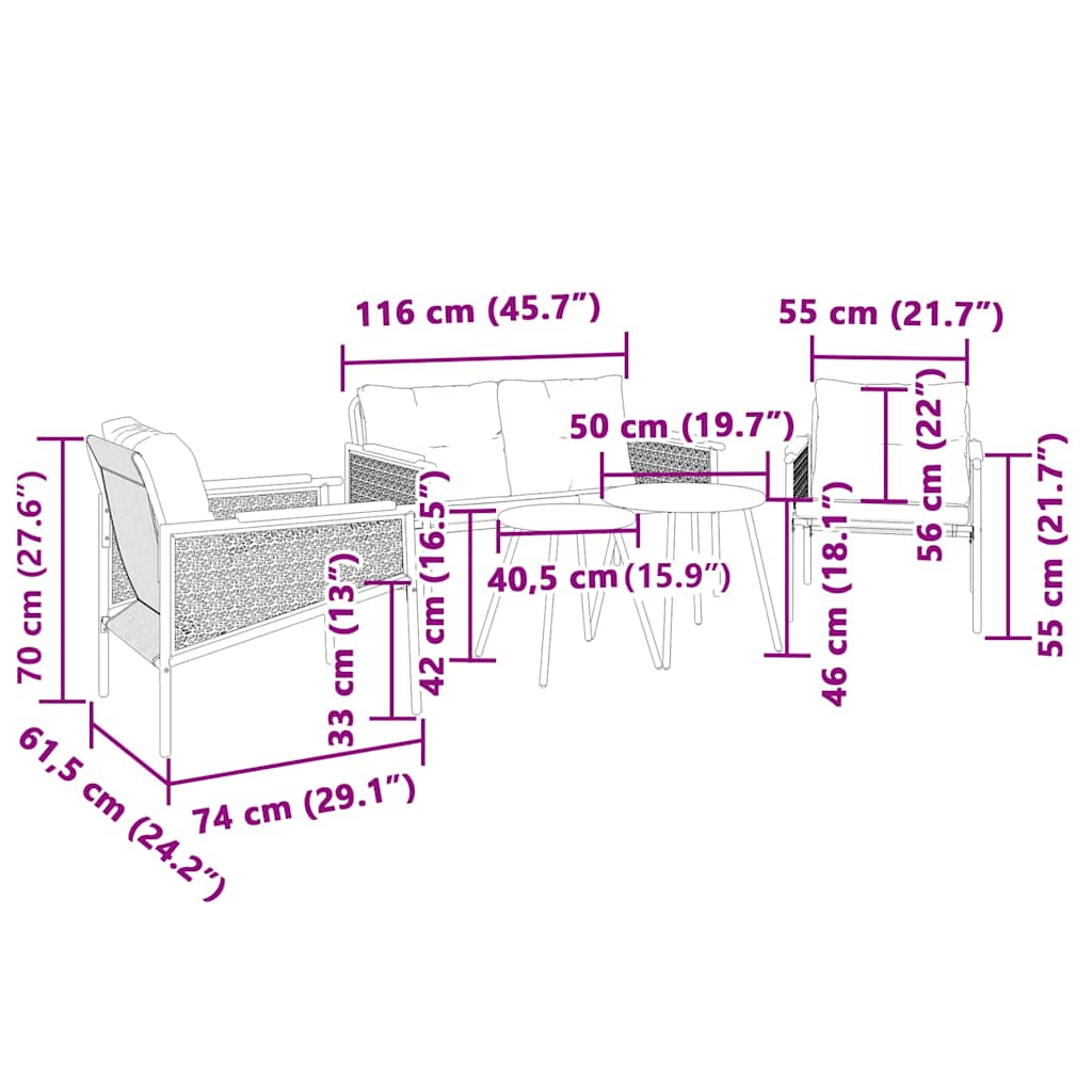 5-tlg. Balkonmöbel-Set mit Kissen Schwarz Stahl