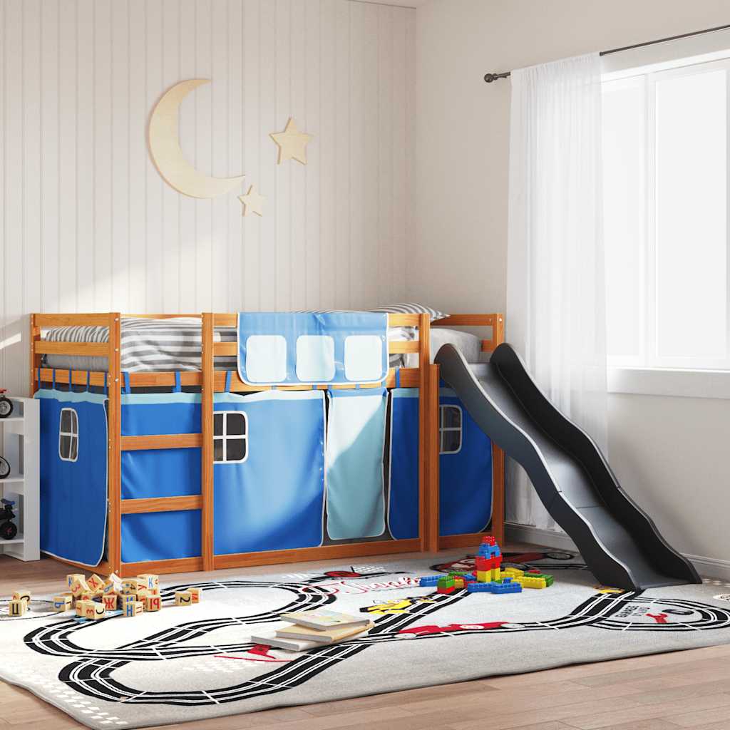 Etagenbett mit Rutsche und Gardinen Blau 90x200 cm