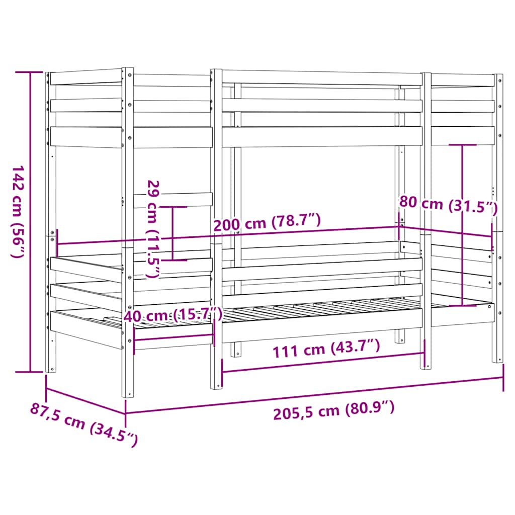 Etagenbett Wachsbraun 80x200 cm Massivholz Kiefer