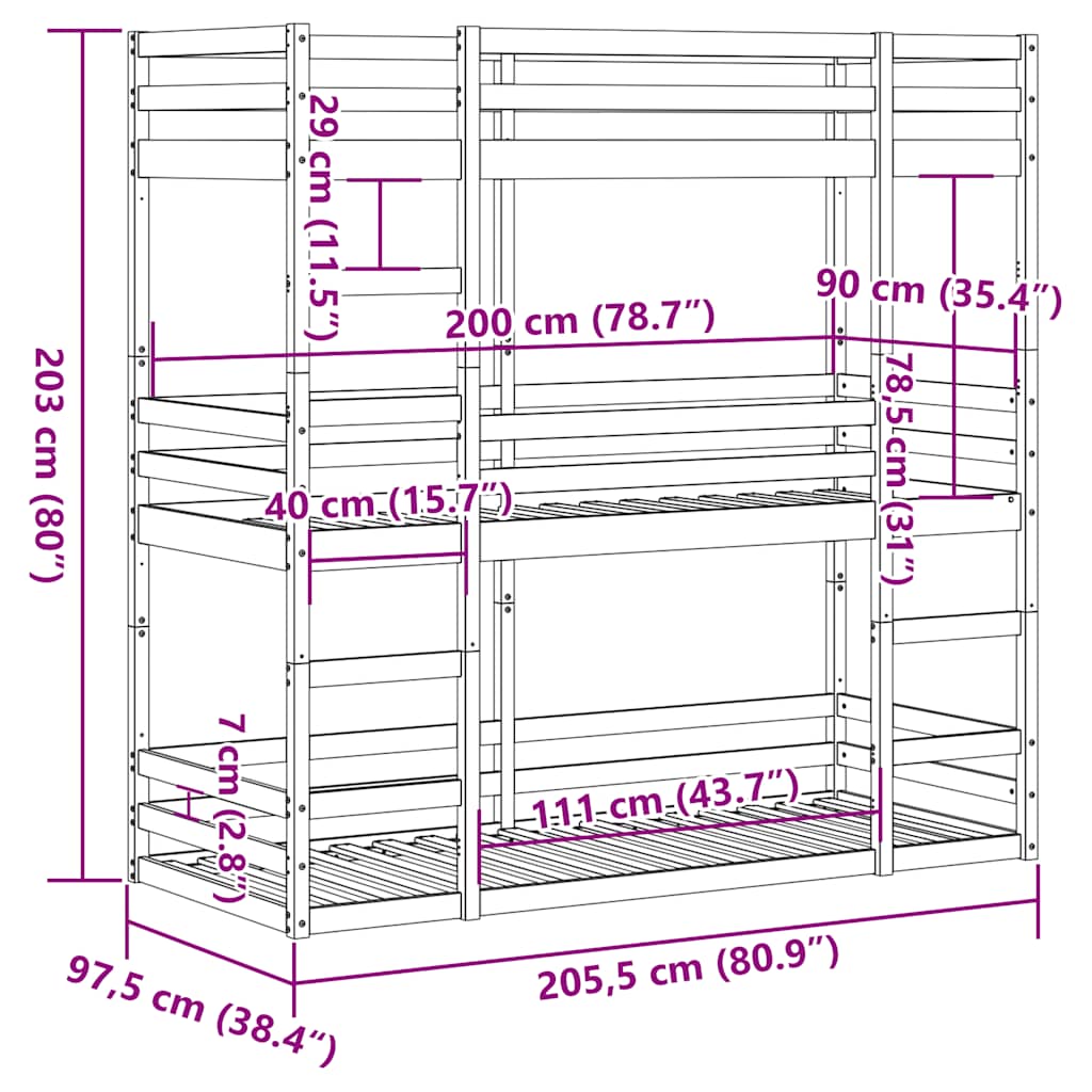Dreifach-Etagenbett Wachsbraun 90x200 cm Massivholz Kiefer