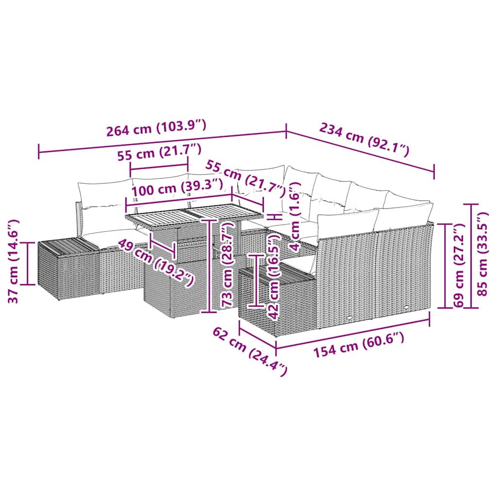 Garten Essgruppe mit Kissen 9 pcs Schwarz und Braun