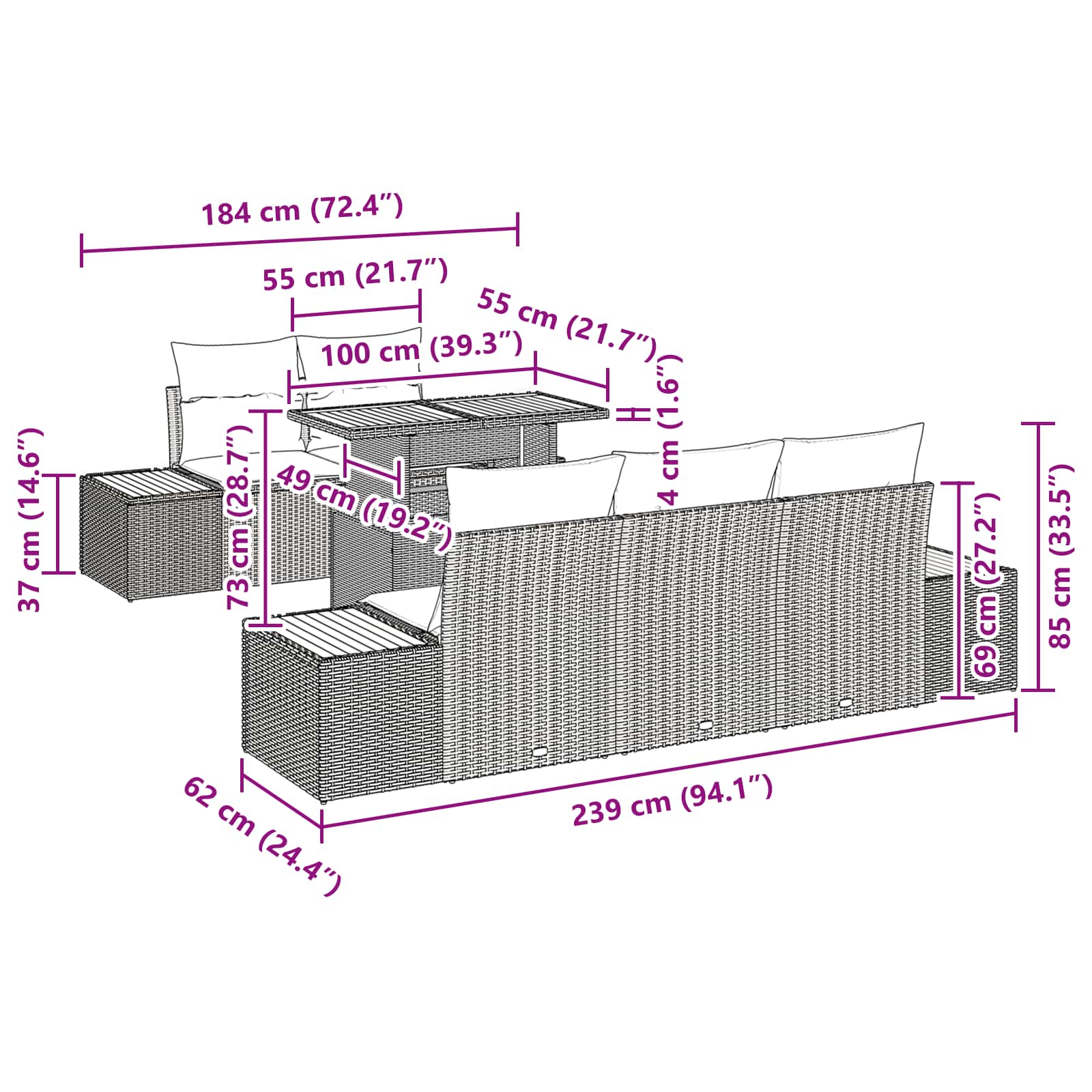 Garten Essgruppe mit Kissen 6 pcs Schwarz und Braun