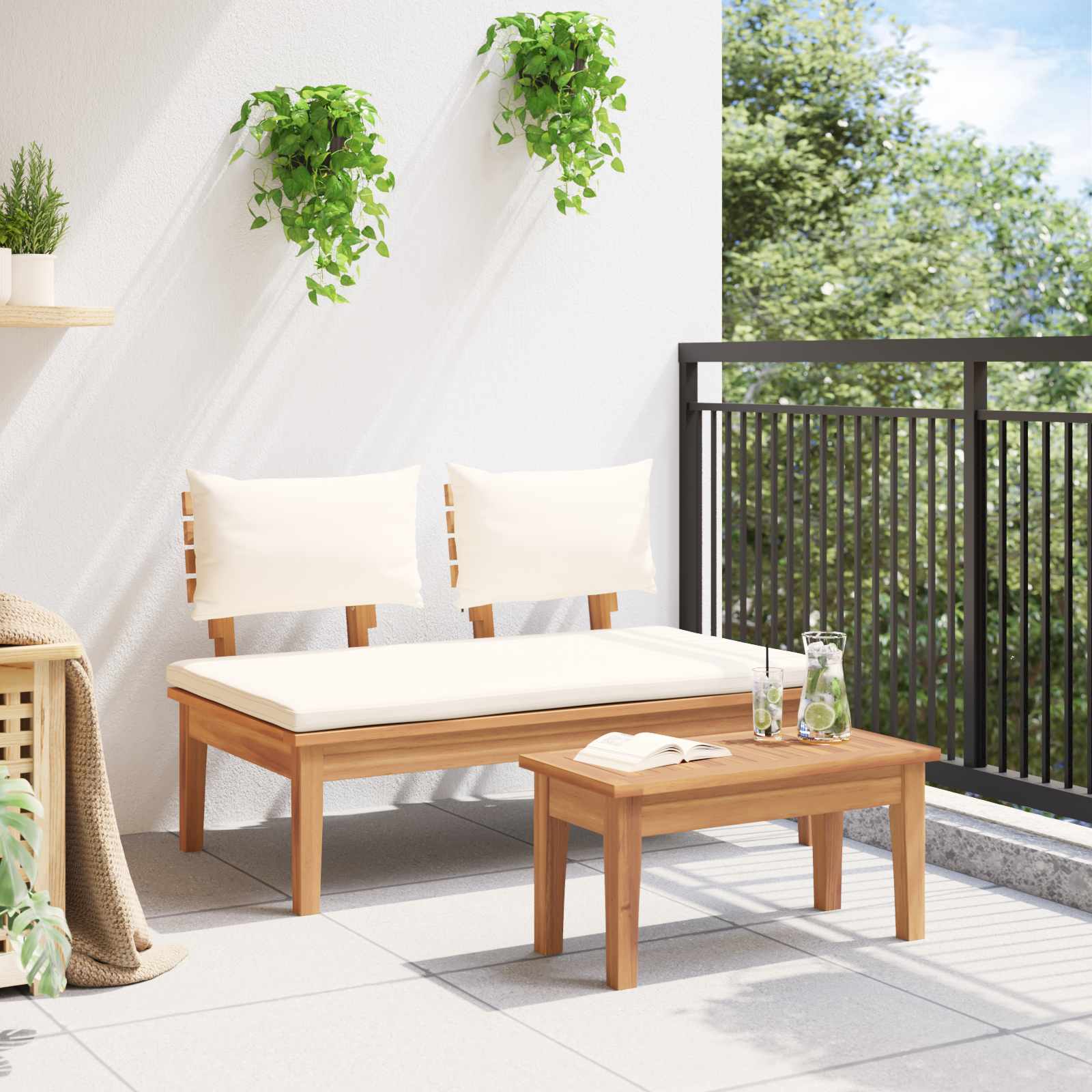 Gartenbank und Tischset 2 pcs Creme und Braun Massivholz Teak