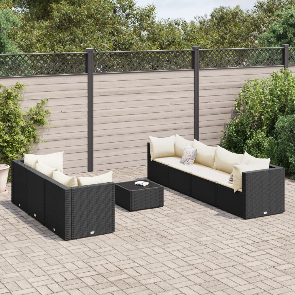 8-tlg. Garten-Lounge-Set mit Kissen Schwarz Poly Rattan
