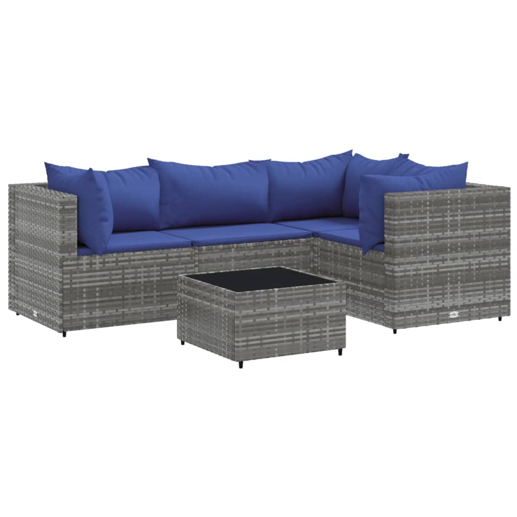 5-tlg. Garten-Lounge-Set mit Kissen Grau Poly Rattan