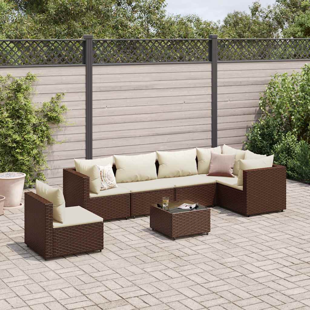 7-tlg. Garten-Lounge-Set mit Kissen Braun Poly Rattan
