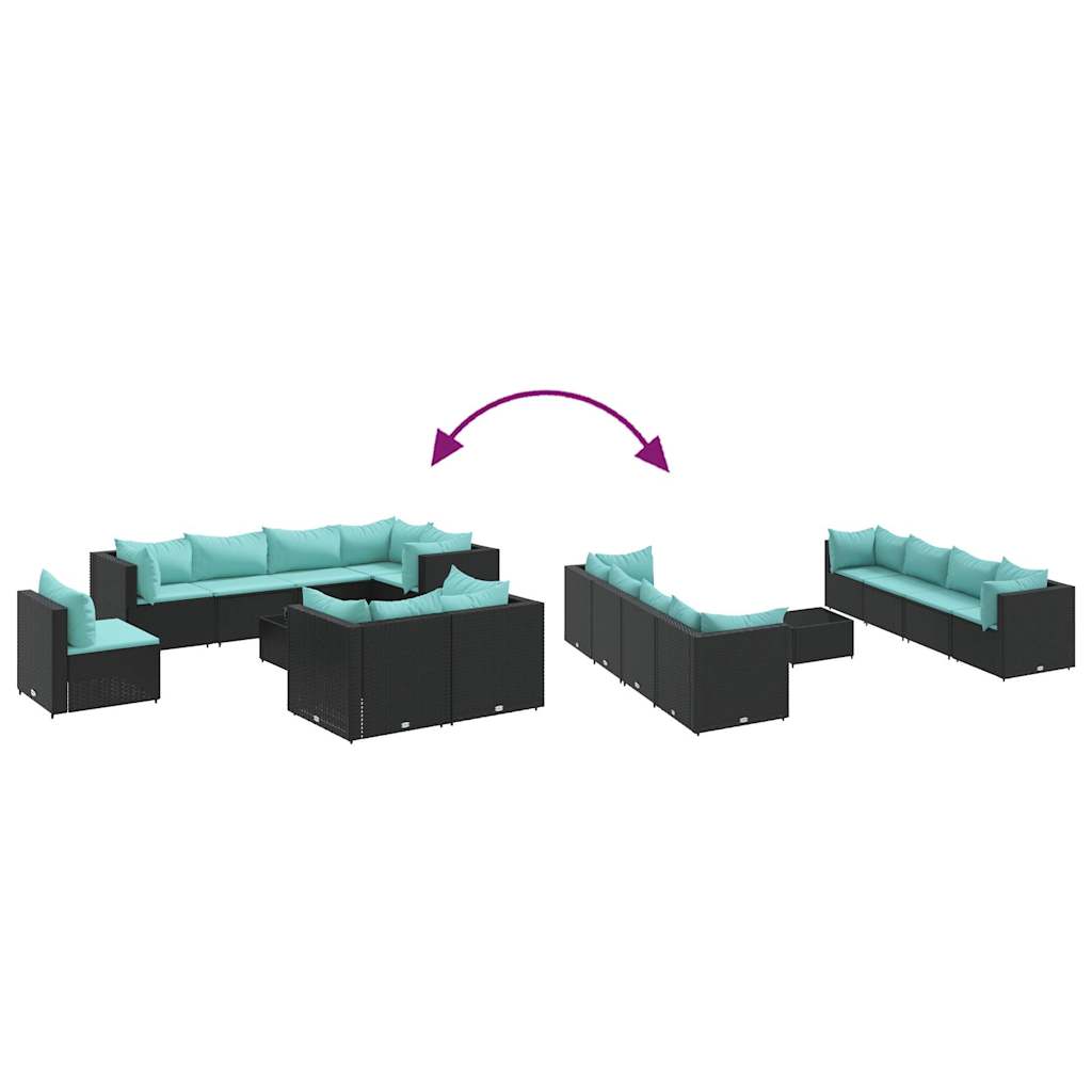 9-tlg. Garten-Lounge-Set mit Kissen Schwarz Poly Rattan