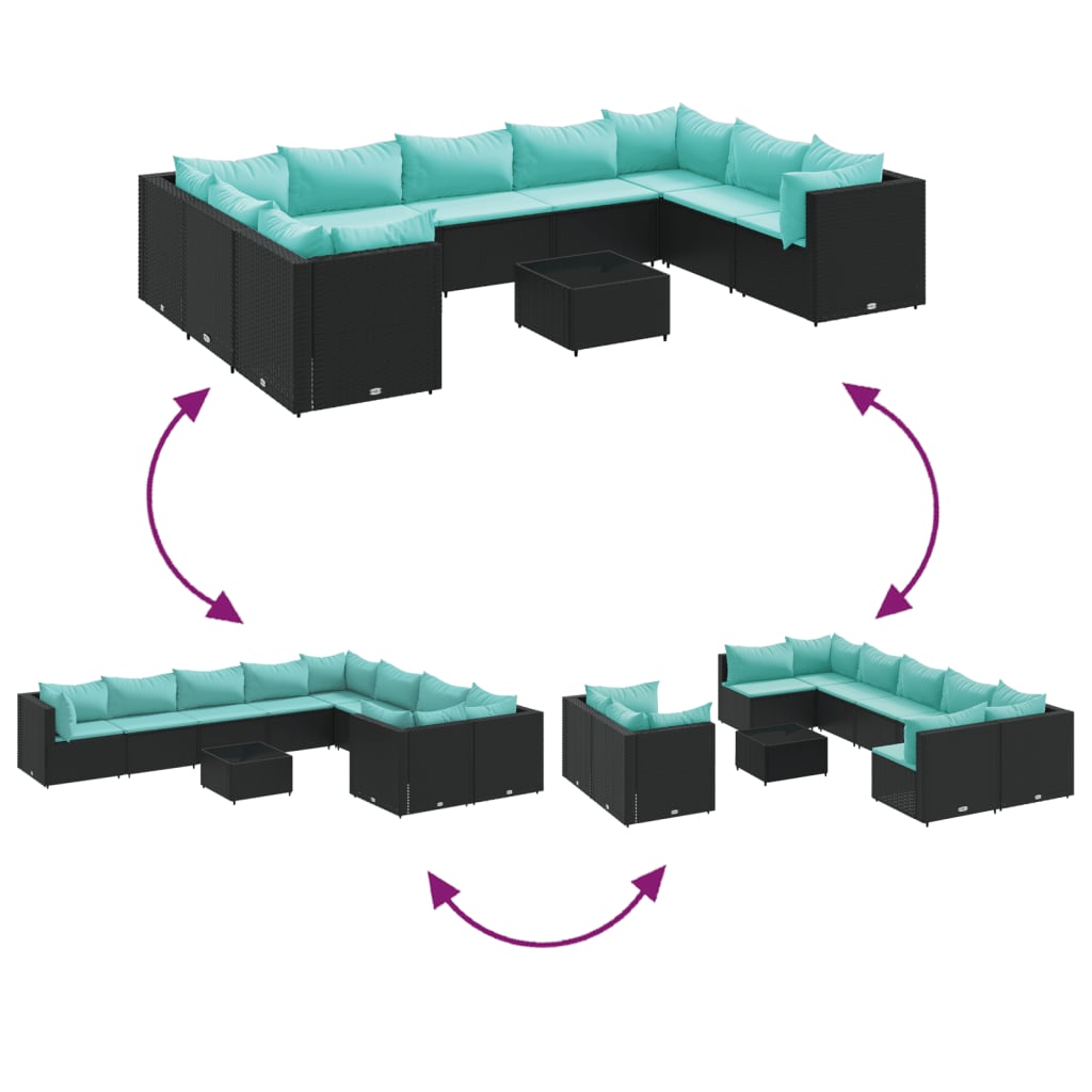 10-tlg. Garten-Sofagarnitur mit Kissen Schwarz Poly Rattan