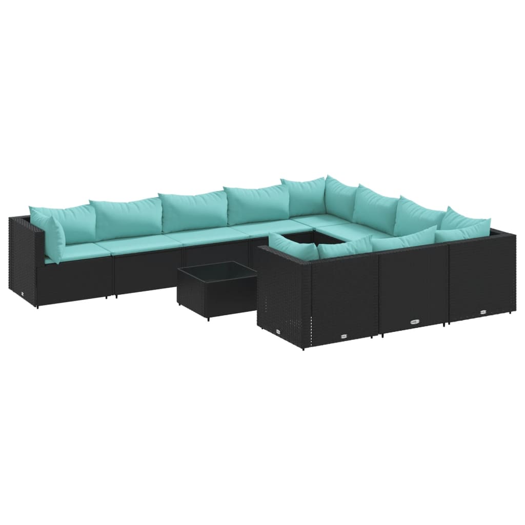 11-tlg. Garten-Sofagarnitur mit Kissen Schwarz Poly Rattan