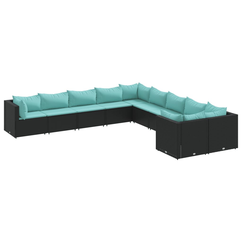 10-tlg. Garten-Sofagarnitur mit Kissen Schwarz Poly Rattan