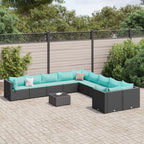 11-tlg. Garten-Sofagarnitur mit Kissen Schwarz Poly Rattan