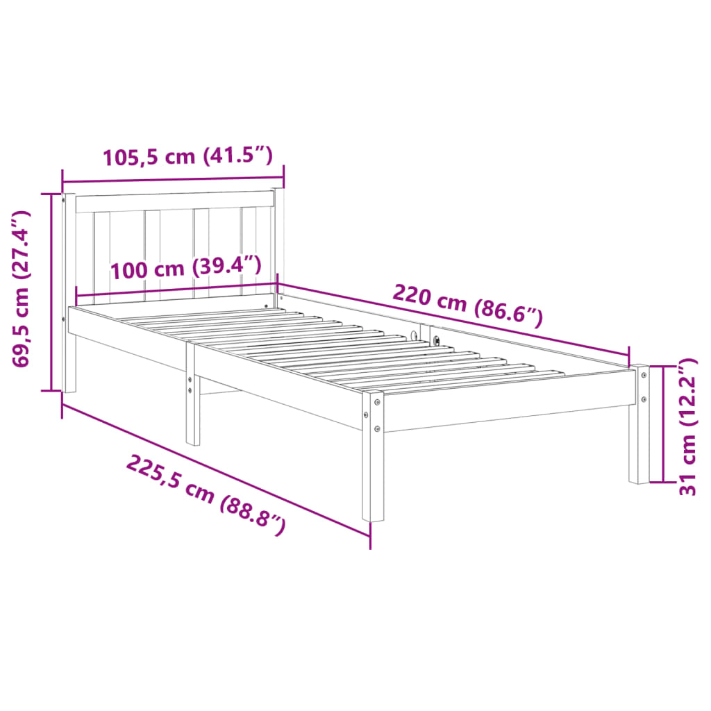 Massivholzbett Extra Lang ohne Matratze 100x220 cm Kiefernholz