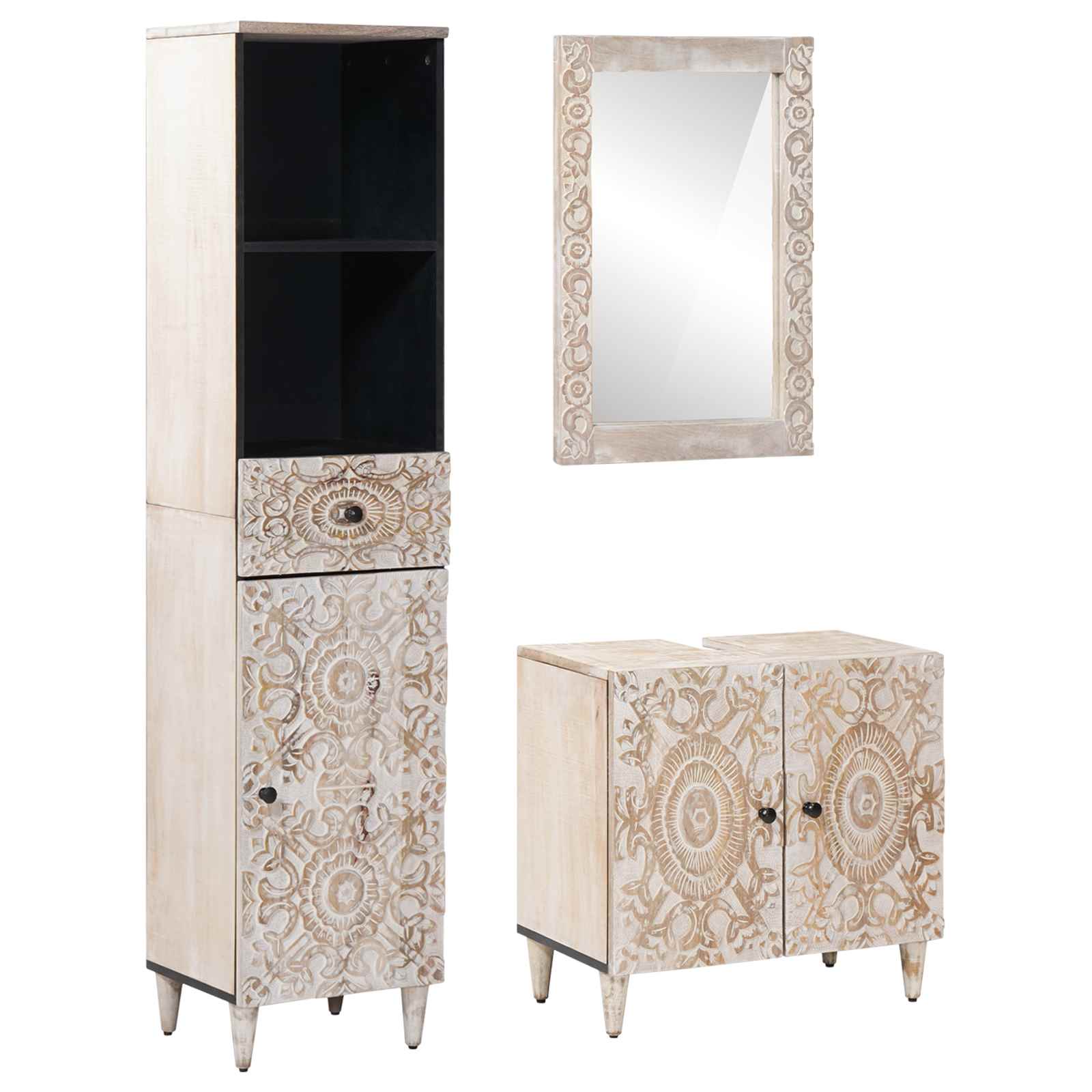 Badezimmermöbel-Set mit Schubladen 3 pcs Weiß Massivholz Mango