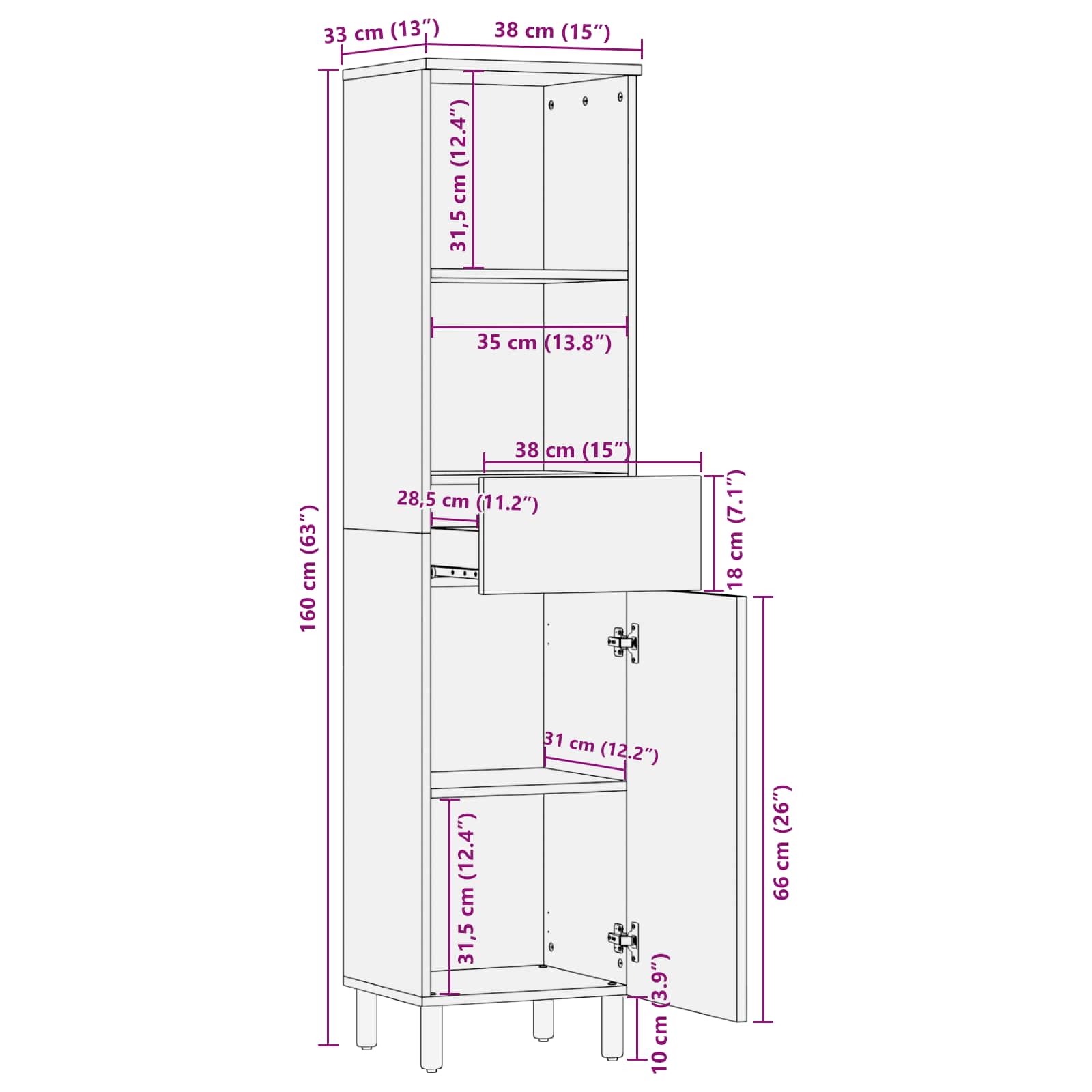 Badezimmerschrank mit Regal Schwarz und Weiß 38 x 33 x 160 cm