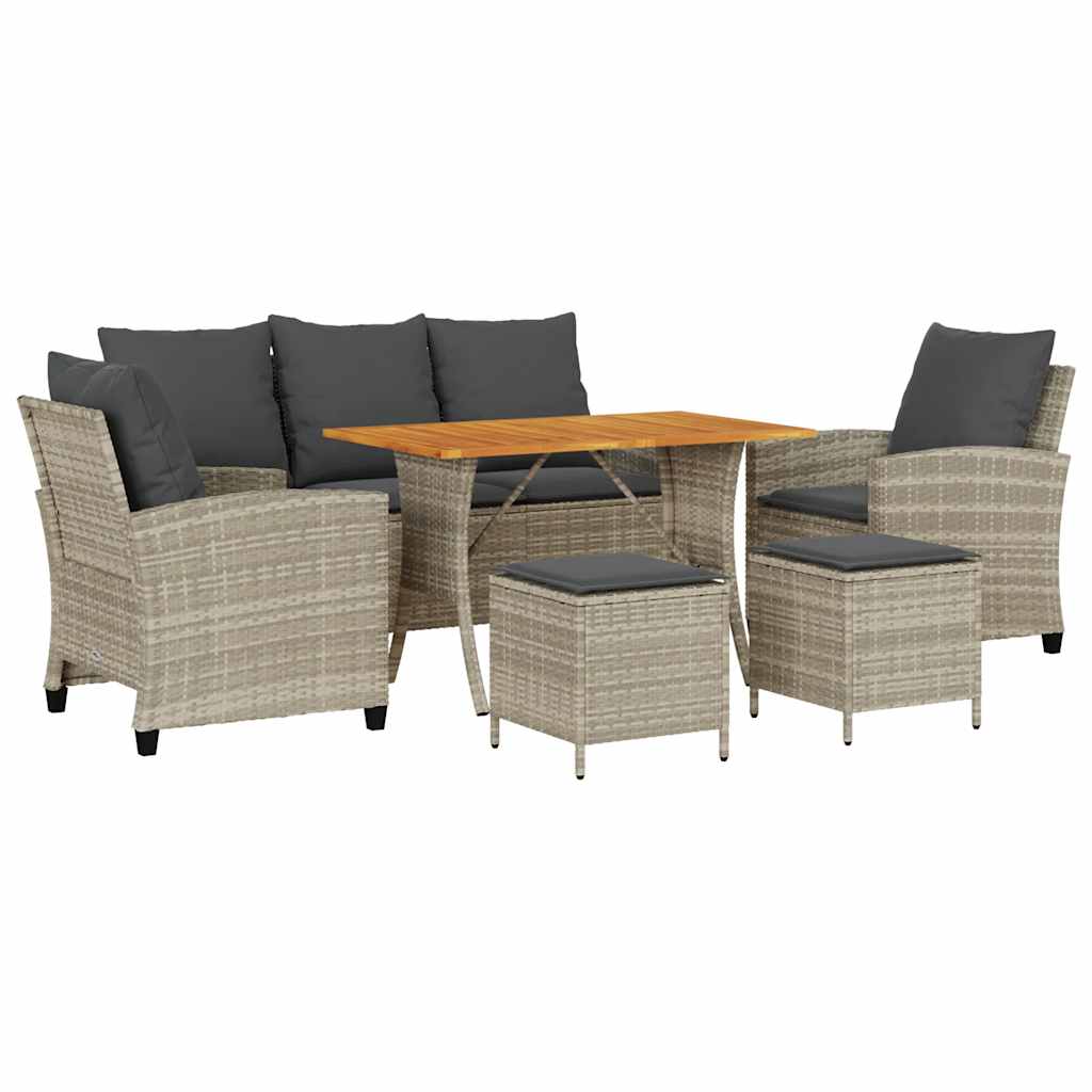 6-tlg. Garten-Sofagarnitur mit Kissen Hellgrau Poly Rattan