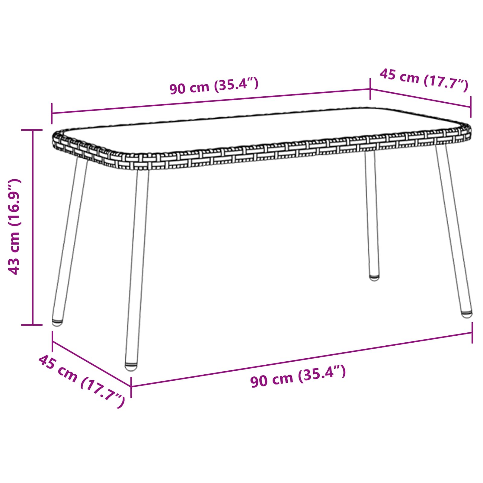 Couchtisch Schwarz 90 x 45 x 43 cm Poly-Rattan