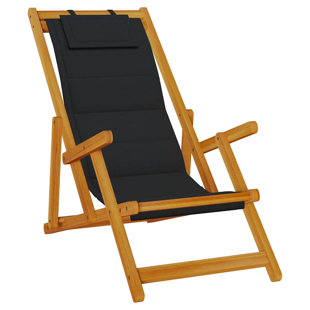 Strandstuhl mit Armlehnen Klappbar Schwarz Akazie Textilene